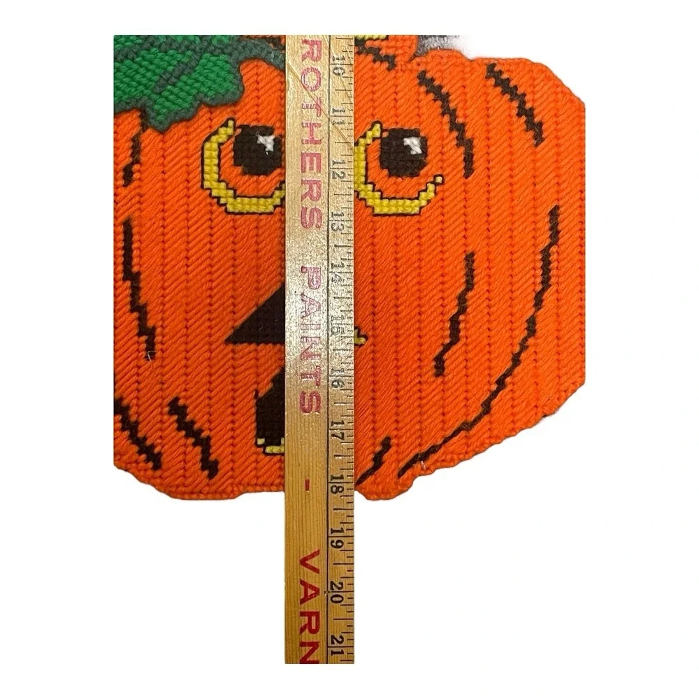 VTG 80's Halloween Handmade Cross Stitch Pumpkin Ghost Decor Large 18